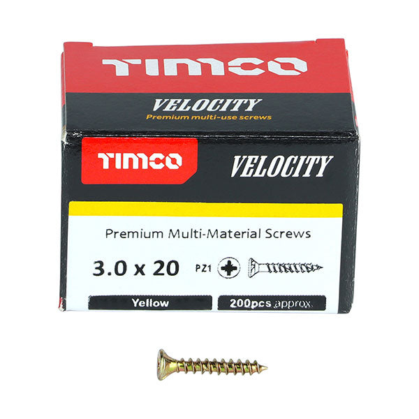 3 x 20mm Timco Velocity Wood Screws, Pozi, Countersunk, ZY, Box of 200 (30020VY)