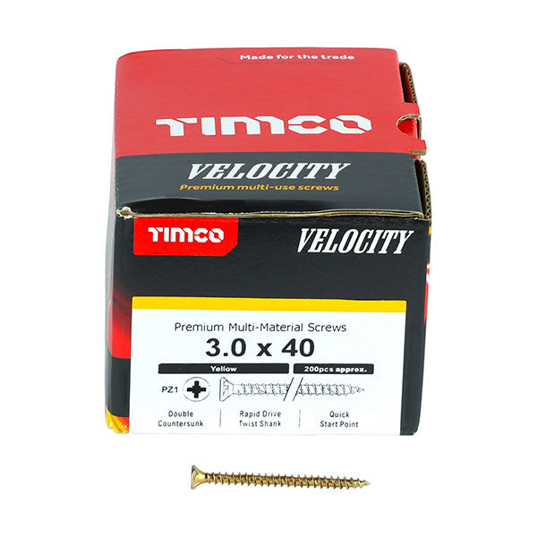 3 x 40mm Timco Velocity Wood Screws, Pozi, Countersunk, ZY, Box of 200 (30040VY)