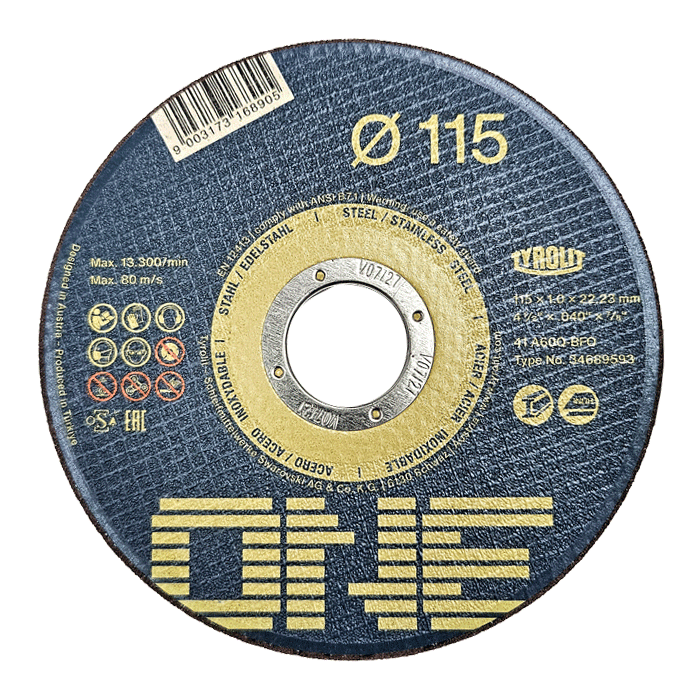 Tyrolit ONE Cutting Discs, 115 x 1mm (Bucket of 100) 2in1 Cut-Off All Steel Cutting Discs, A60Q-BFO