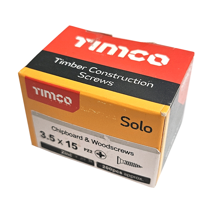 Timco 3.5 x 15mm Solo Chipboard & Woodscrews, PZ Double Countersunk, BZP, Box of 200 (35015SOLOZ) - Clearance