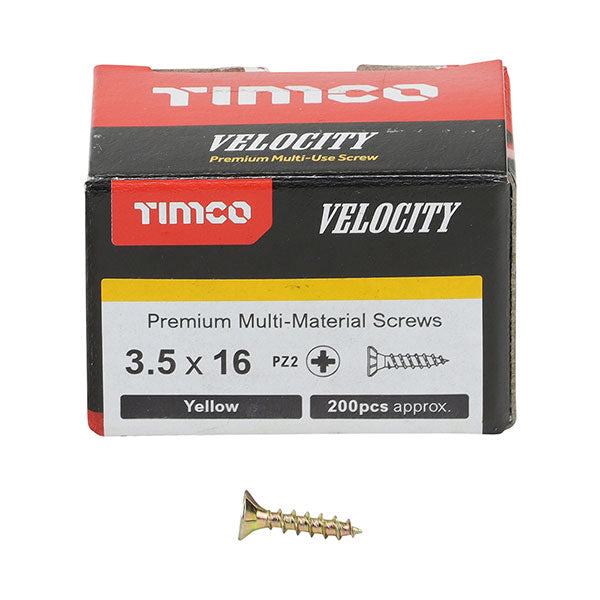 3.5 x 16mm Timco Velocity Wood Screws, Pozi, Countersunk, ZY, Box of 200 (35016VY)