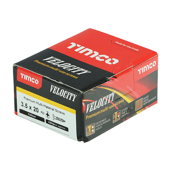 Wood screw box image for the 3.5 x 20mm Timco Velocity Wood Screws, Pozi, Countersunk, ZY, Box of 200 (35020VY)