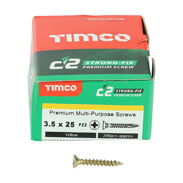 3.5 x 25mm Timco C2 Strong Fix Wood Screws, Pozi, Countersunk, ZY, Box of 200 (35025C2)