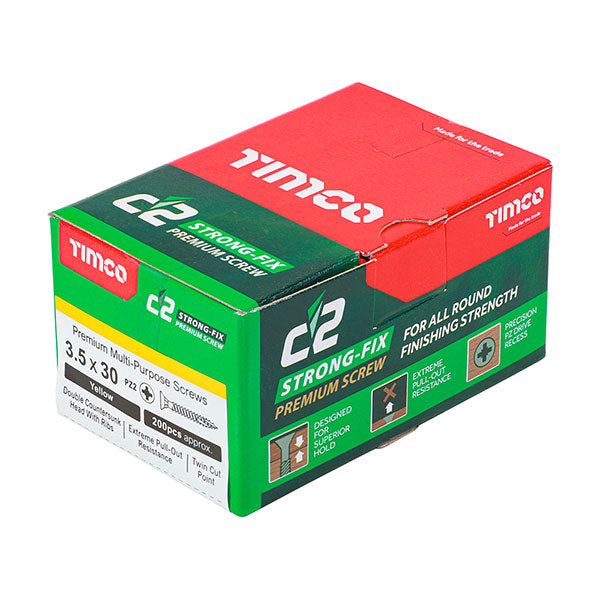 3.5 x 30mm Timco C2 Strong Fix Wood Screws, Pozi, Countersunk, ZY, Box of 200 (35030C2)