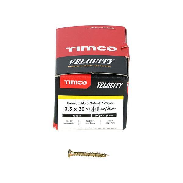 3.5 x 30mm Timco Velocity Wood Screws, Pozi, Countersunk, ZY, Box of 200 (35030VY)