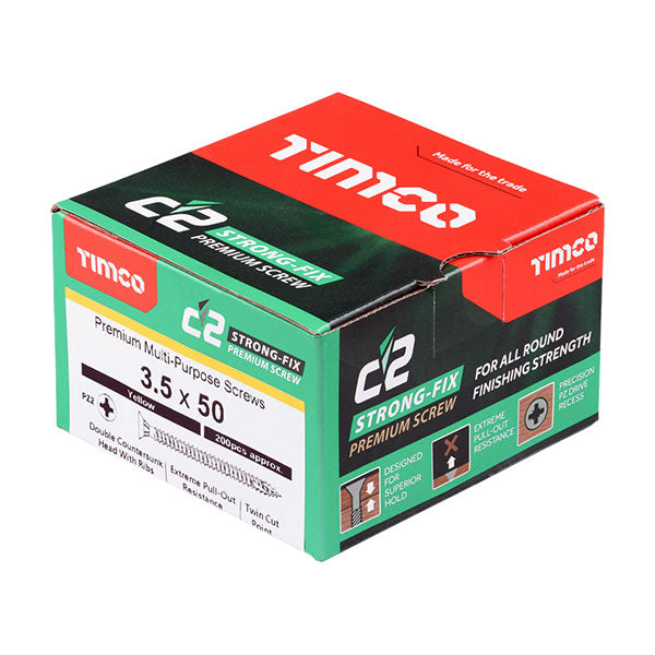 3.5 x 50mm Timco C2 Strong Fix Wood Screws, Pozi, Countersunk, ZY, Box of 200 (35050C2)