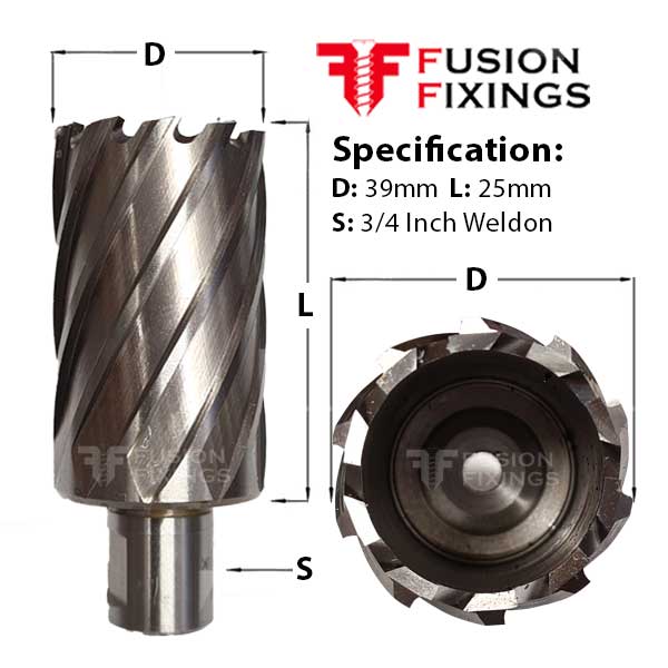 Size guide for the 39 x 25mm Rotabroach Raptor E Mag Drill Annular Cutter, HSS M2 (RE39S)