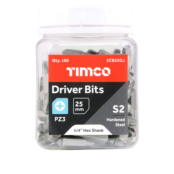 Jar cintainer for the Timco S2 Pozi drive Bits, PZ3 x 25mm, Jar of 100 (3CB25GJ)