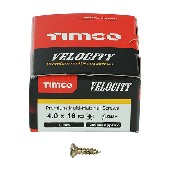 4 x 16mm Timco Velocity Wood Screws, Pozi, Countersunk, ZY, Box of 200 (40016VY)