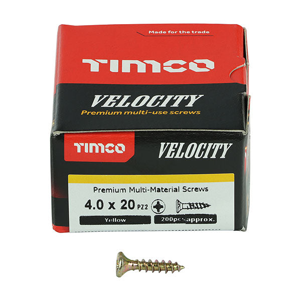 Wood screw box image for the 4 x 20mm Timco Velocity Wood Screws, Pozi, Countersunk, ZY, Box of 200 (40020VY)