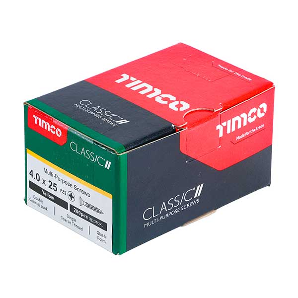 25mm wood screw box image for the 4 x 25mm Countersunk Wood Screws, Pozi, Zinc & Yellow, Box of 200 (40025CLAF)