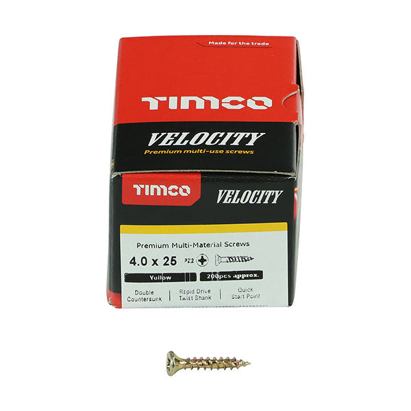 Velocity wood screw box image for the 4 x 25mm Timco Velocity Wood Screws, Pozi, Countersunk, ZY, Box of 200 (40025VY)