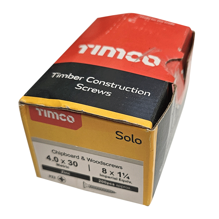 Timco 4 x 30mm Solo Chipboard & Woodscrews, PZ Double Countersunk, BZP, Box of 200 (40030SOLOZ) – Clearance