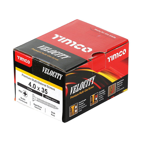 4 x 35mm Timco Velocity Wood Screws, Pozi, Countersunk, ZY, Box of 200 (40035VY)