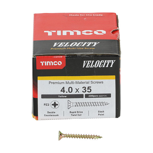 4 x 35mm Timco Velocity Wood Screws, Pozi, Countersunk, ZY, Box of 200 (40035VY)