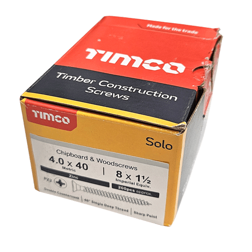 TIMCO 4 x 40mm Solo Chipboard & Woodscrews, PZ Double Countersunk, Zinc, Box of 200 (40040SOLOZ) - Clearance