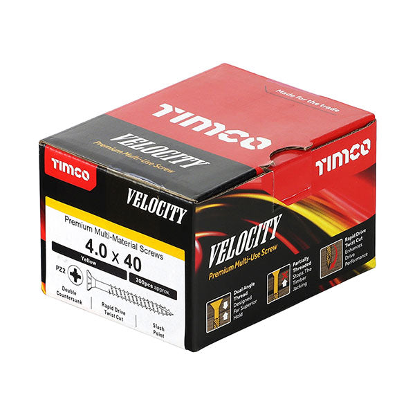 4 x 40mm Timco Velocity Wood Screws, Pozi, Countersunk, ZY, Box of 200 (40040VY)