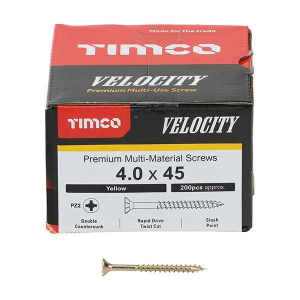 Velocity wood screw box image for the 4 x 45mm Timco Velocity Wood Screws, Pozi, Countersunk, ZY, Box of 200 (40045VY)