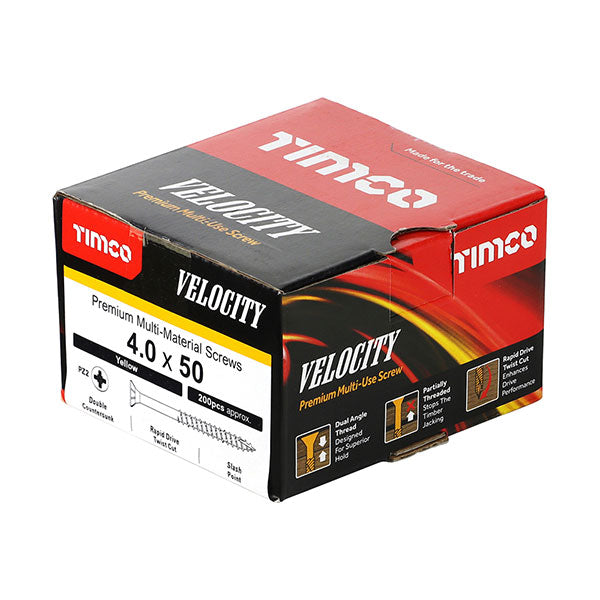 4 x 50mm Timco Velocity Wood Screws, Pozi, Countersunk, ZY, Box of 200 (40050VY)