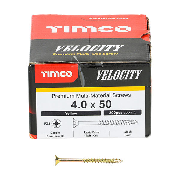 Box image for the 4 x 50mm Timco Velocity Wood Screws, Pozi, Countersunk, ZY, Box of 200 (40050VY)