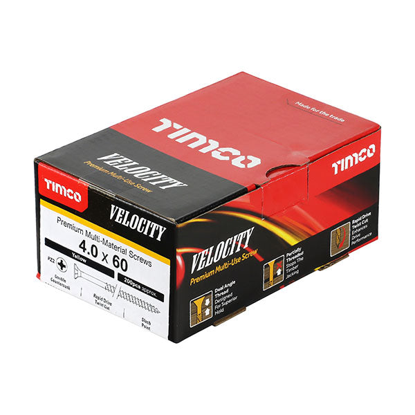  4 x 60mm Timco Velocity Wood Screws, Pozi, Countersunk, ZY, Box of 200 (40060VY)