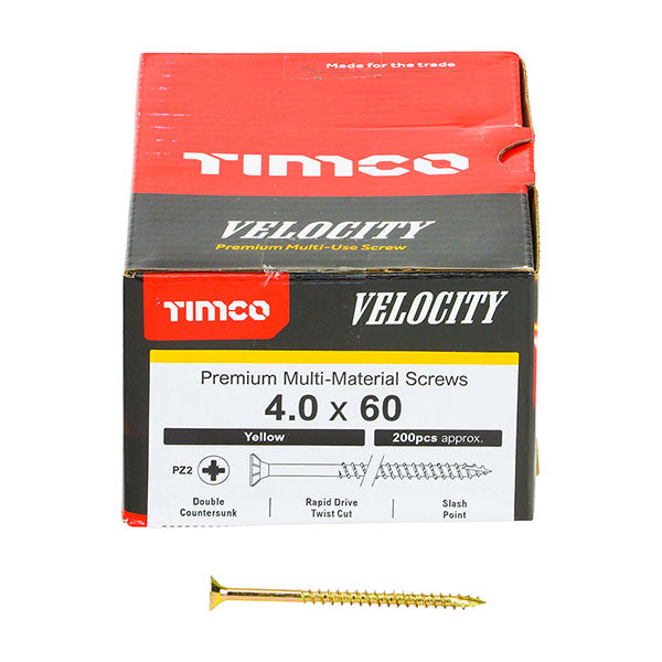 Wood screw box image for the  4 x 60mm Timco Velocity Wood Screws, Pozi, Countersunk, ZY, Box of 200 (40060VY)