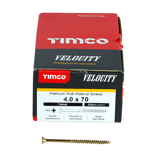 4 x 70mm Timco Velocity Wood Screws, Pozi, Countersunk, ZY, Box of 200 (40070VY)