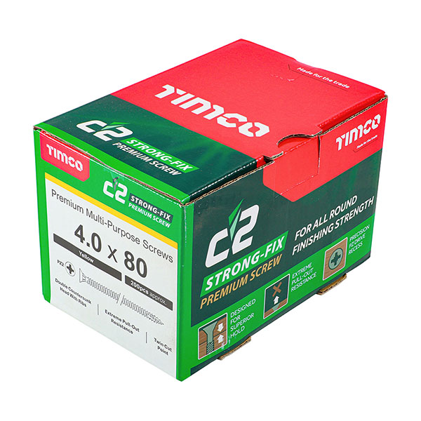 4 x 80mm Timco C2 Strong Fix Wood Screws, Pozi, Countersunk, ZY, Box of 200 (40080C2)