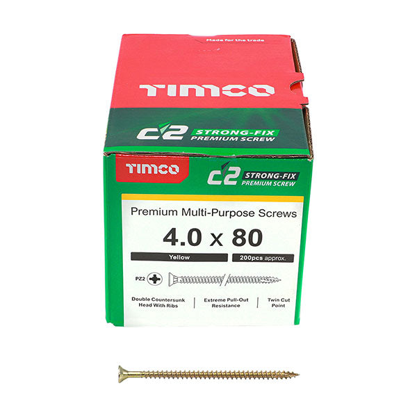 4 x 80mm Timco C2 Strong Fix Wood Screws, Pozi, Countersunk, ZY, Box of 200 (40080C2)
