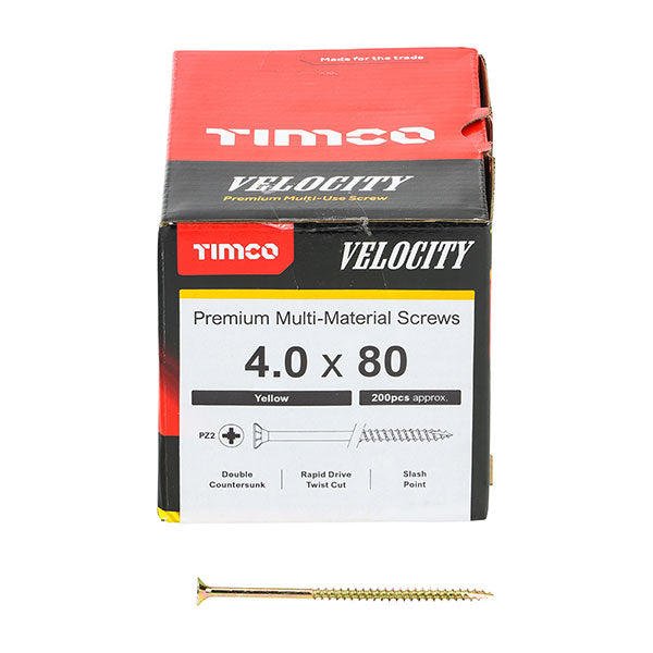 Velocity wood screw box image for the 4 x 80mm Timco Velocity Wood Screws, Pozi, Countersunk, ZY, Box of 200 (40080VY)