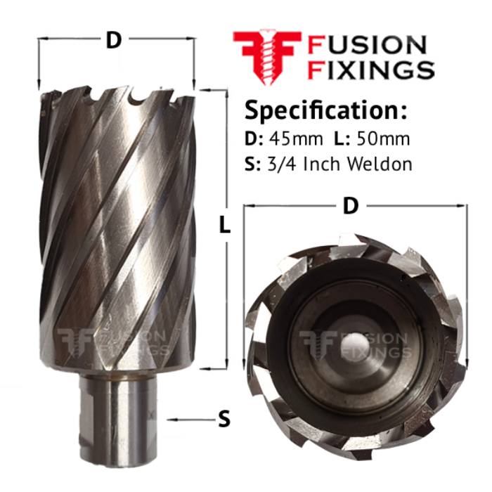 Size guide for the 45 x 50mm Rotabroach Raptor X Mag Drill Annular Cutter, HSS M2AL (RAPL450)