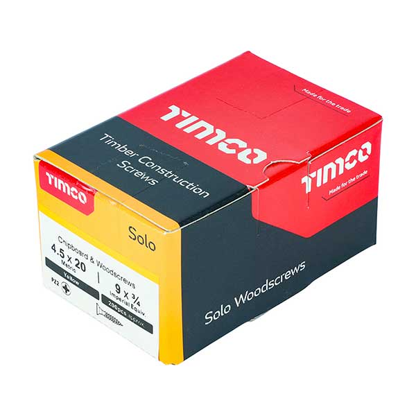 Timco 4.5 x 20mm Countersunk Solo Wood Screws, 45020SOLOC, ZYP (Box of 200)