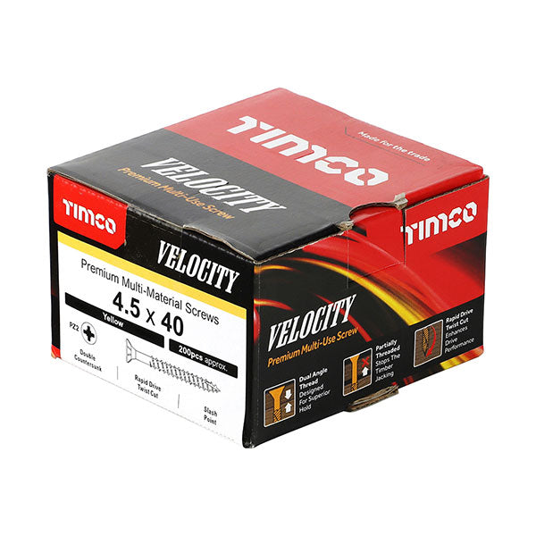 4.5 x 40mm Timco Velocity Wood Screws, Pozi, Countersunk, ZY, Box of 200 (45040VY)
