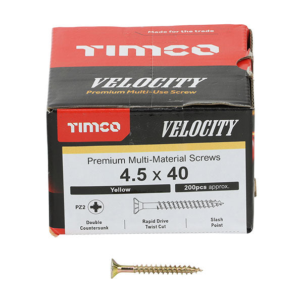 Velocity wood screw box 4.5 x 40mm Timco Velocity Wood Screws, Pozi, Countersunk, ZY, Box of 200 (45040VY)