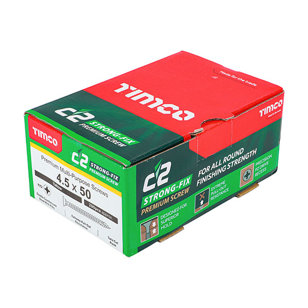 4.5 x 50mm Timco C2 Strong Fix Wood Screws, Pozi, Countersunk, ZY, Box of 200 (45050C2)