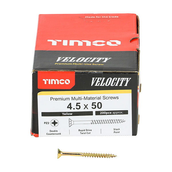 4.5 x 50mm Timco Velocity Wood Screws, Pozi, Countersunk, ZY, Box of 200 (45050VY)