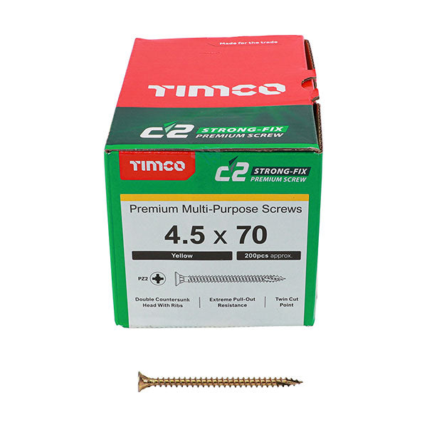 4.5 x 70mm Timco C2 Strong Fix Wood Screws, Pozi, Countersunk, ZY, Box of 200 (45070C2)