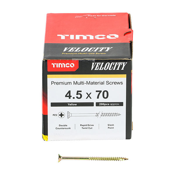 4.5 x 70mm Timco Velocity Wood Screws, Pozi, Countersunk, ZY, Box of 200 (45070VY)