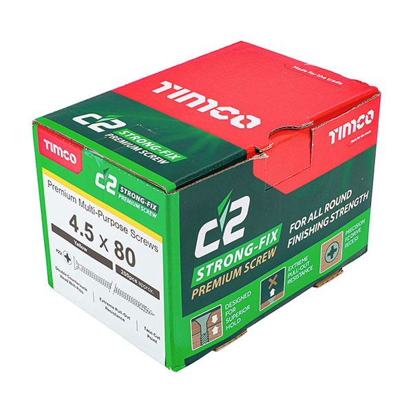 4.5 x 80mm Timco C2 Strong Fix Wood Screws, Pozi, Countersunk, ZY, Box of 200 (45080C2)