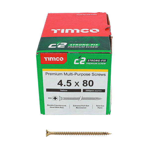 4.5 x 80mm Timco C2 Strong Fix Wood Screws, Pozi, Countersunk, ZY, Box of 200 (45080C2)