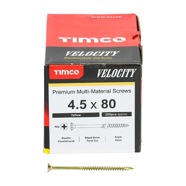 Wood screw box for the 4.5 x 80mm Timco Velocity Wood Screws, Pozi, Countersunk, ZY, Box of 200 (45080VY)