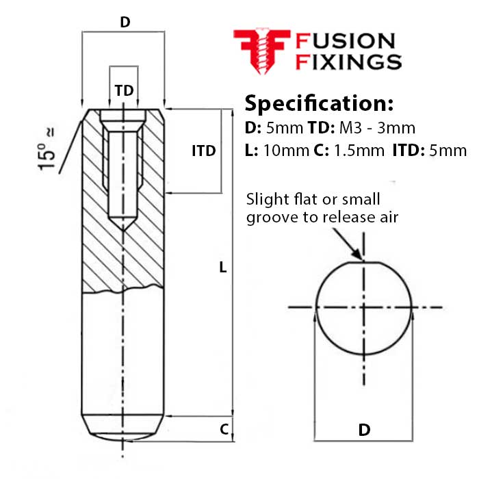 5mm (M3) x 10mm Extractable Dowel Pin, Metric, Hardened & Ground Steel, Self-Colour, DIN 7979D
