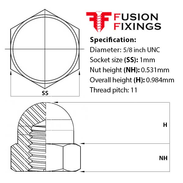 5/8 Inch (11) UNC Hexagon Dome Nut A2 (304) Stainless Steel, SAE J483A