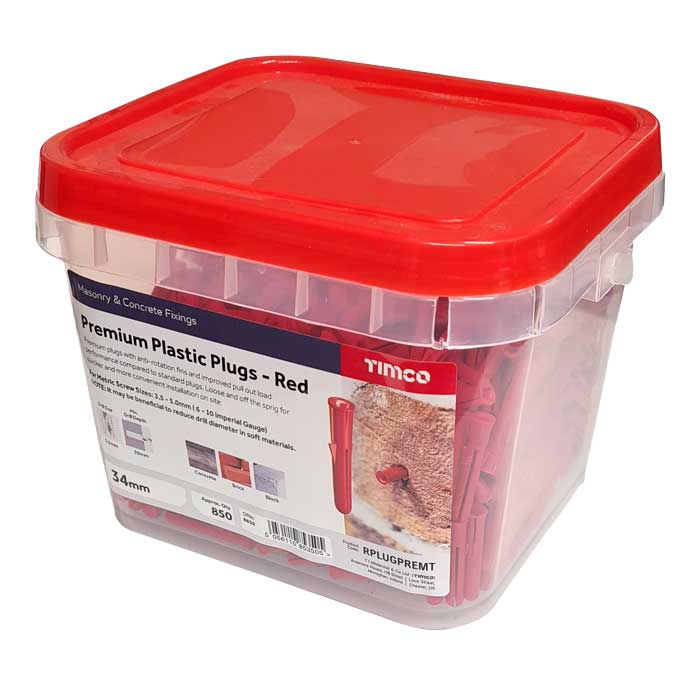 5.5 x 34mm Red Premium Plastic Wall Plugs - Screw Size 3.5mm - 4.8mm (Tub of 850)