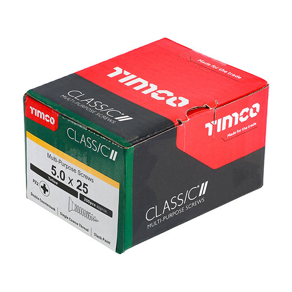 wood screw box image for the 5 x 25mm Countersunk Wood Screws, Pozi, Zinc & Yellow, Box of 200 (50025CLAF)