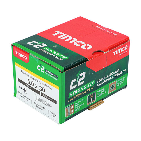Product image for 5 x 30mm Timco C2 Strong Fix Wood Screws, Pozi, Countersunk, ZY, Box of 200 (50030C2) part of a growing range from Fusion Fixings