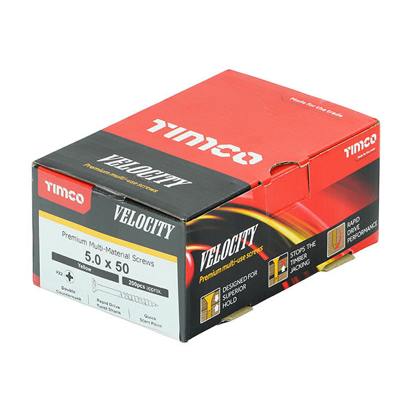 5 x 50mm Timco Velocity Wood Screws, Pozi, Countersunk, ZY, Box of 200 (50050VY)