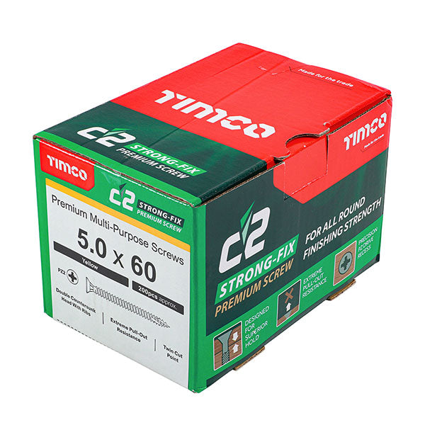 Product image for 5 x 60mm Timco C2 Strong Fix Wood Screws, Pozi, Countersunk, ZY, Box of 200 (50060C2)