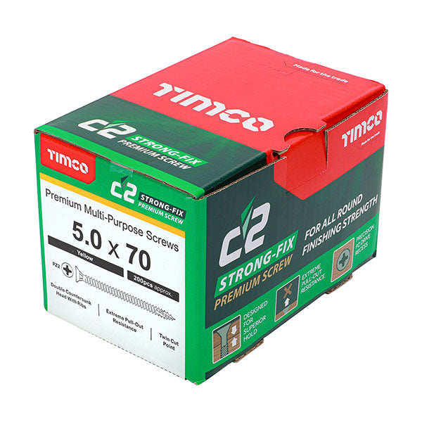 Product image for 5 x 70mm Timco C2 Strong Fix Wood Screws, Pozi, Countersunk, ZY, Box of 200 (50070C2) part of an expanding range from Fusion Fixings