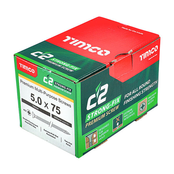 Product photography for 5 x 75mm Timco C2 Strong Fix Wood Screws, Pozi, Countersunk, ZY, Box of 200 (50075C2) part of a growing range from Fusion Fixings